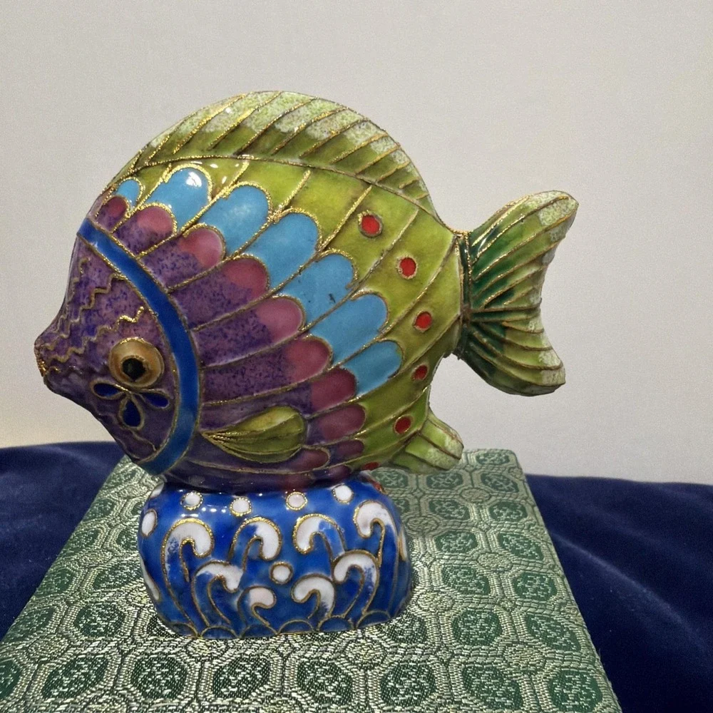 Green Cloisonne Tropical Fish on Attached Stand by D S Starr Oriental Treasures